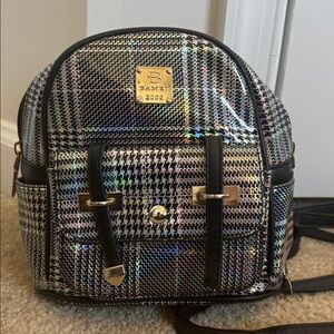 Vintage Y2K Bamei 20002  Holographic Plaid Backpack long straps hardware medal